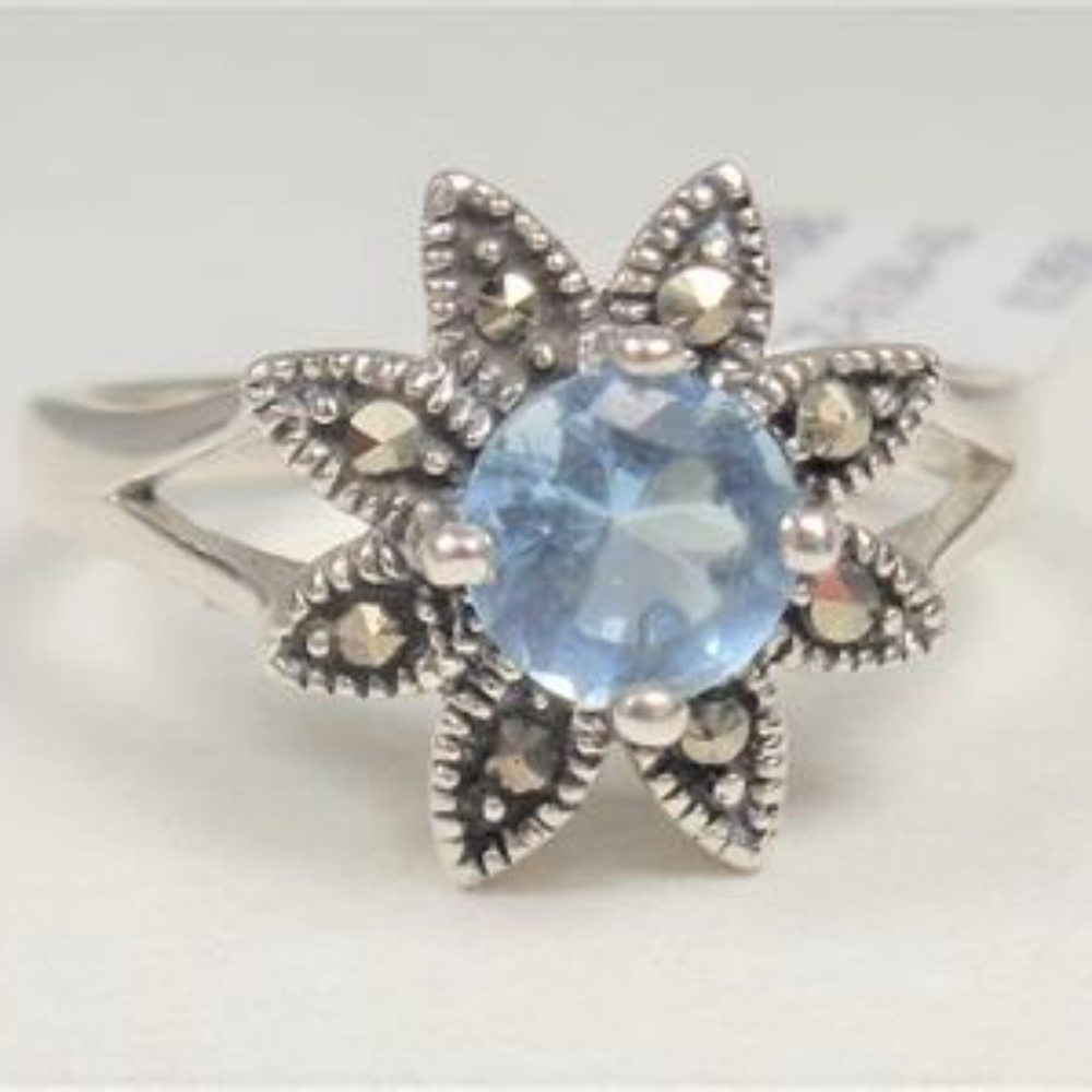 SILVER AQUA & MARCASITE STONES ISLAND FLOWER RING - Picture 2 of 7